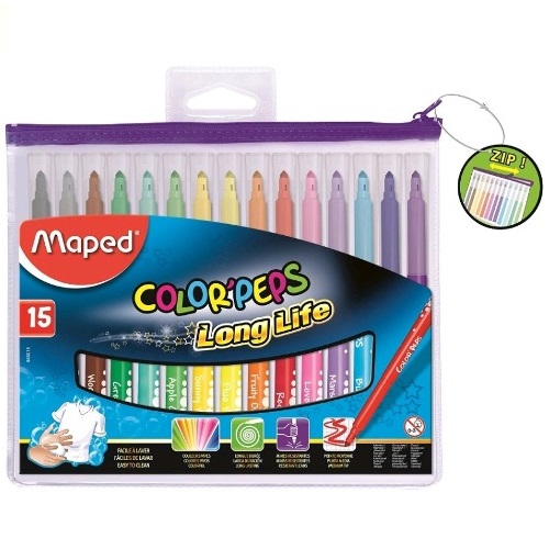 Фломастеры 15 цветов футляр на молнии MAPED Color Peps Long Life 845015