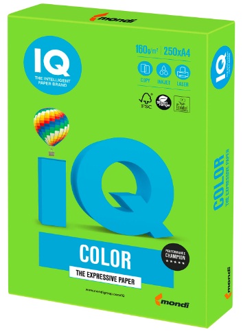 Бумага для офисной техники цветная А4 160г/м2 250л ярко-зеленый класс А IQ Color, MA42