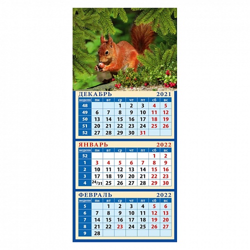 Календарь  2022 год квартальный магнитный 110х245мм Белка с орехом День за Днем, 34224