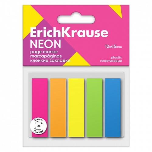 Закладки клейкие 45x12мм 5 цветов по 25л пластиковые Erich Krause Neon, 61558