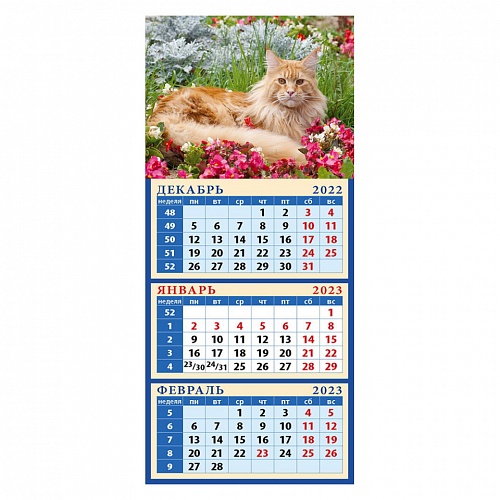 Календарь  2023 год квартальный магнитный 116х245мм Год кота.Среди цветов День за Днем, 34315