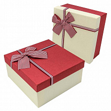 Коробка подарочная квадратная  15х15х6,5см ассорти белая/красная с полосатым бантом OMG 720616/9