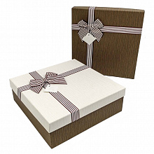 Коробка подарочная квадратная  24х24х8см ассорти белая/коричневая с полосатым бантом OMG 720980/4