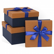 Коробка подарочная квадратная  21х21х11см ореховая-синяя с бантом Д10103К.083.1 Рута
