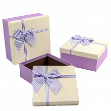 Коробка подарочная квадратная  19х19х9,5см с полосатым бантиком сиреневая и белая OMG, 720616/2
