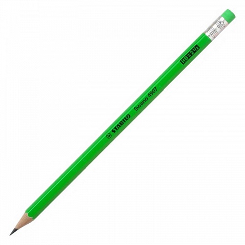 Карандаш чернографитный HB с ластиком шестигранный корпус зеленый неон STABILO SWANO 4907/010HB