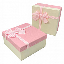 Коробка подарочная квадратная  15х15х6,5см ассорти белая/розовая с полосатым бантом OMG 720616/5