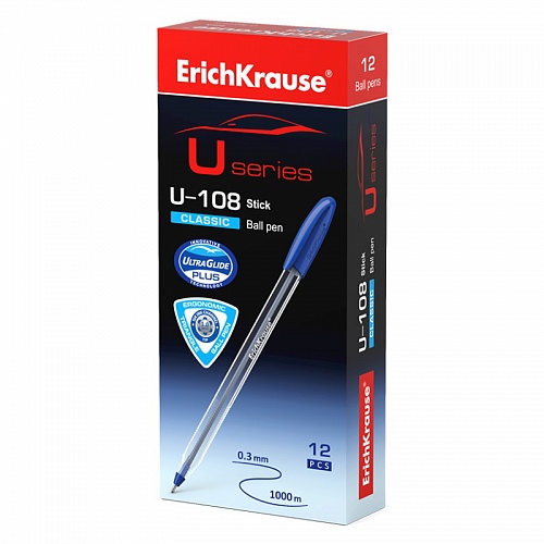 Ручка шариковая 1мм синий стержень масляная основа U-108 Classic Stick Ultra Glide Technology Erich Krause, 53709