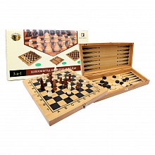 Набор настольных игр 3в1 нарды, шашки, шахматы деревянное поле фигуры пластик Рыжий кот, ИН-1445