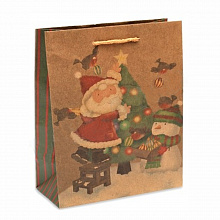 Пакет подарочный 180х230х100мм Новогодний Дед Мороз, Снеговик и елка крафт MILAND ДСЕ-0163
