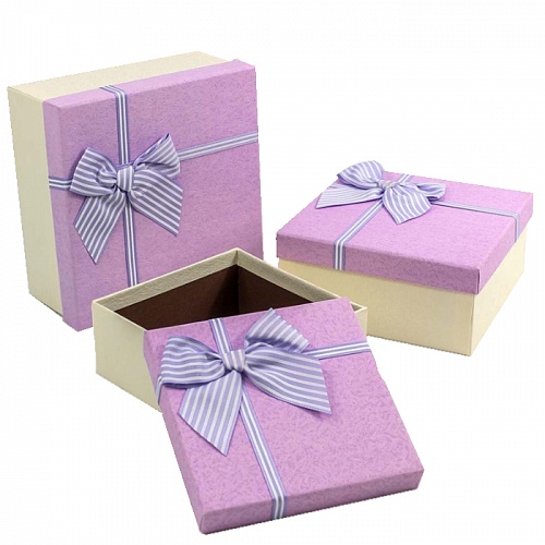 Коробка подарочная квадратная  19х19х9,5см с полосатым бантиком сиреневая и белая OMG, 720616/2