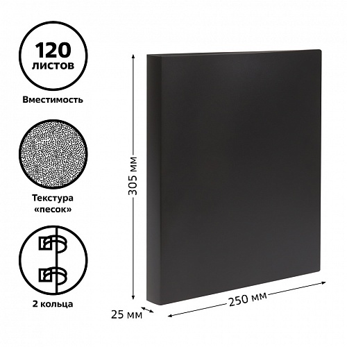 Папка на 2 кольца пластик А4 25мм черная 500мкм СТАММ, ММ-32172