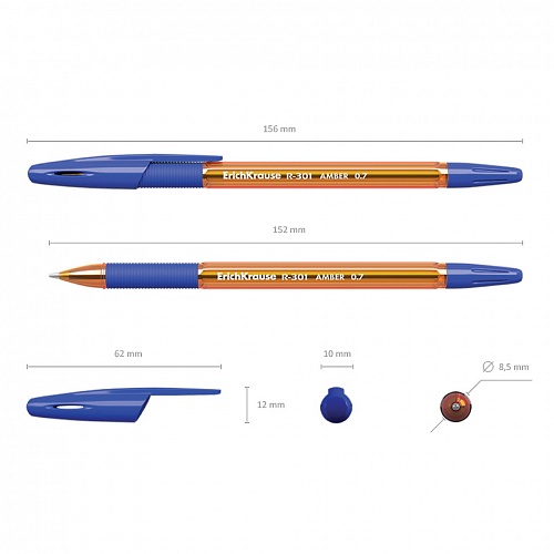 Ручка шариковая 0,7мм синий стержень масляная основа R-301 Amber Stick&Grip Erich Krause 39530