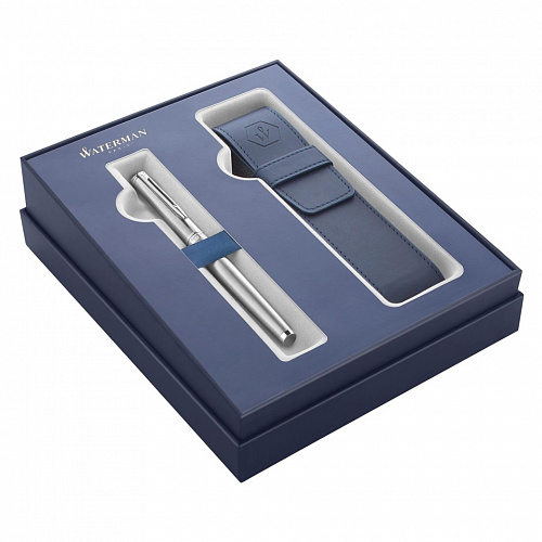 Набор подарочный Waterman Hemisphere GIFT 20 Stainless Steel CT ручка перьевая М синие чернила и чехол, 2122041